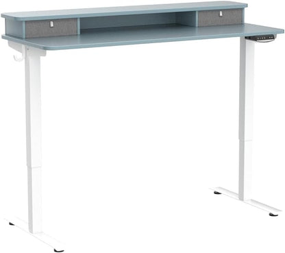 FEZIBO 55 x 24 Inch Height Adjustable Electric Standing Desk with Double Drawer, Stand Up Desk with Storage Shelf, Sit Stand Desk, Blue