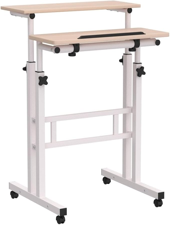 DlandHome Mobile Standing Desk Stand Up Desk Rolling Desk, Stand Sit Desk Mobile Computer Desk Adjustable Standing Desk 23.6inches Table Workstation Mobile Desk Cart Tray Maple