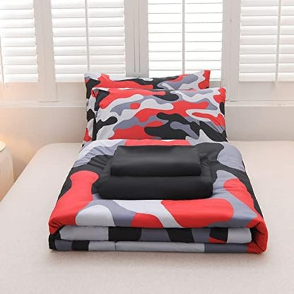 Meeting Story Camouflage Bedding Set, Colorful Pattern Style Comforter Set, 5 PCS One Comforter Two Pillowcases Two Sheets in One Bag, All Season Bedspread for Teens Adults (Red-Black,Queen5pcs