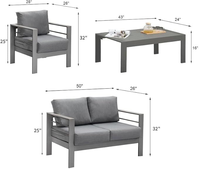 Solaste Outdoor Aluminum Furniture Set - 4 Pieces Patio Sectional Chat Sofa Conversation Set with Table,Grey