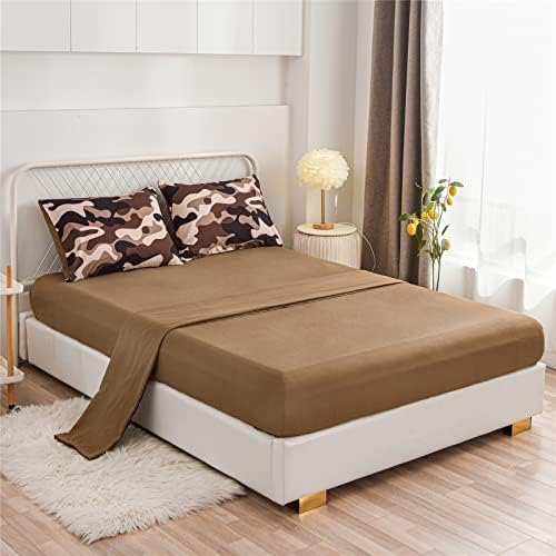 Meeting Story Camouflage Bedding Set, Colorful Pattern Style Comforter Set, 5 PCS One Comforter Two Pillowcases Two Sheets in One Bag, All Season Bedspread for Teens Adults (Coffee, Queen 5Pcs