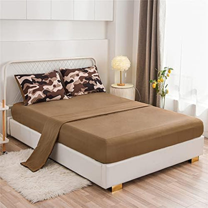 Meeting Story Camouflage Bedding Set, Colorful Pattern Style Comforter Set, 5 PCS One Comforter Two Pillowcases Two Sheets in One Bag, All Season Bedspread for Teens Adults (Coffee, Queen 5Pcs