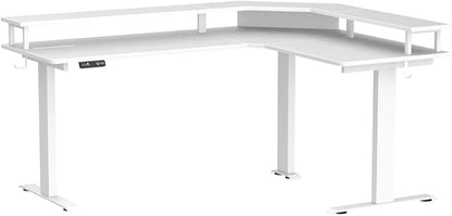 FEZIBO 63" Triple Motor L Shaped Standing Desk with LED Strip & Power Outlets, Height Adjustable Stand up Corner Gaming Desk with Ergonomic Monitor Stand, White Top/White Frame