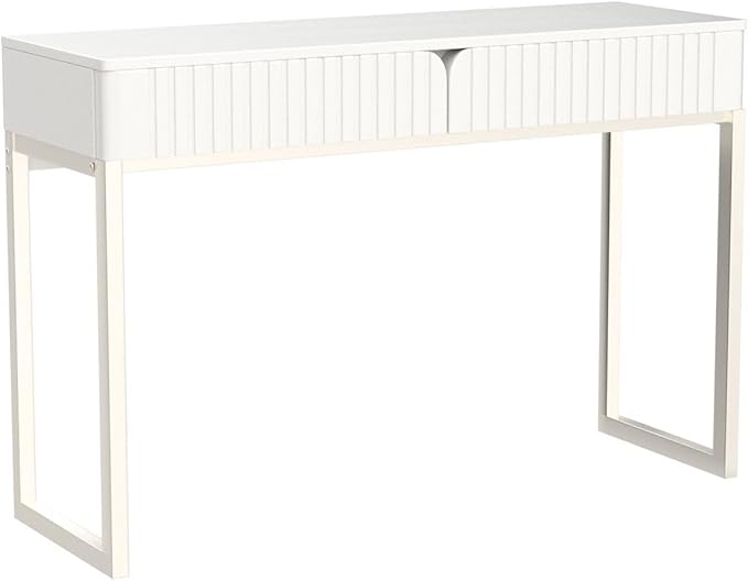 White Vanity Desk with 2 Drawers, Silver and White Desk,Home Office Desk Modern Makeup Vanity Table with Glossy Desktop,Writing Computer Standing Desk with Wood Top and Metal Legs