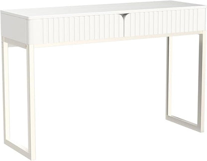 White Vanity Desk with 2 Drawers, Silver and White Desk,Home Office Desk Modern Makeup Vanity Table with Glossy Desktop,Writing Computer Standing Desk with Wood Top and Metal Legs
