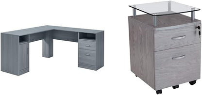 Techni Mobili Functional Storage L-Shaped Computer Desk, Grey & Rollingg File Cabinet, Regular, gray