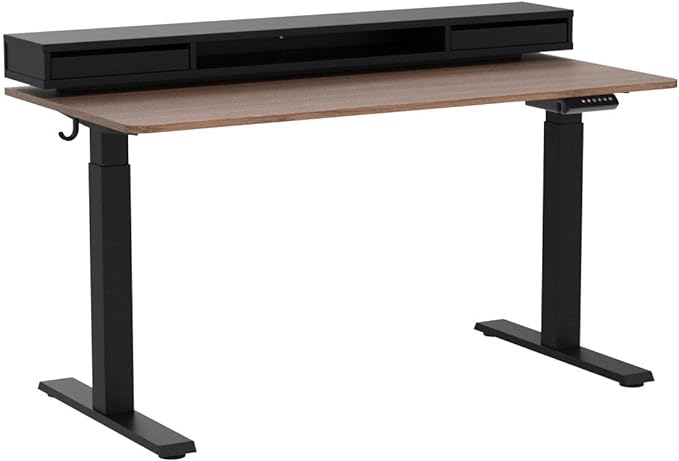 FEZIBO 55 x 24 Inch Height Adjustable Electric Standing Desk with Double Drawers, Stand Up Desk with LED Strips, Sit Stand Desk with Monitor Stand, Blcak Walnut