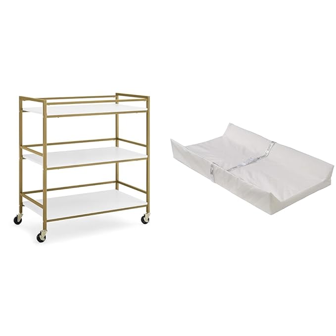 Delta Children Jade Changing Table/Cart, White Melamine/Bronze & Foam Contoured Changing Pad with Waterproof Cover