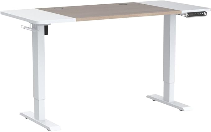 Adjustable Height Electric Standing Desk - 63 x 30 Inch Sit Stand Computer Desk with Splice Board, Stand Up Desk Table for Home Office, White Frame/White and Oak Top