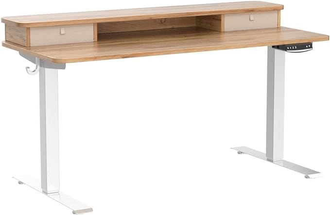 FEZIBO 55 x 24 Inch Height Adjustable Electric Standing Desk with Double Drawer, Stand Up Desk with Storage Shelf, Sit Stand Desk, Light Rustic
