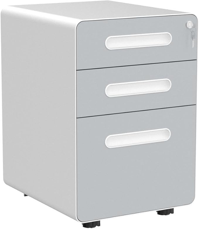 YITAHOME 3-Drawer Metal Mobile File Cabinet, Rolling Filing Cabinet with Lock, Filing Cabinet Under Desk fits Legal/A4 Size for Home/Office, Fully Assembled,White and Grey