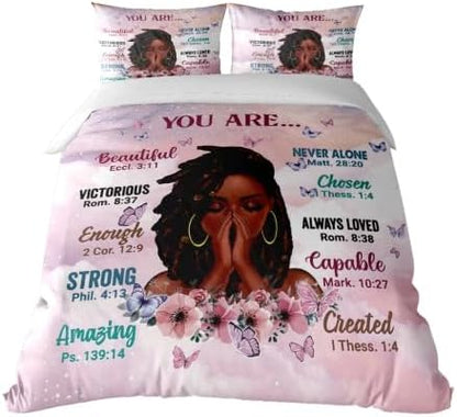 Twin Size Comforter Set with Powerful Quotes from Girls,3 Pieces Featuring African-American Girl - Ideal Gift Bedding for Teens and Women Pink White