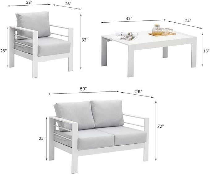 Solaste Outdoor Aluminum Furniture Set - 4 Pieces Patio Sectional Chat Sofa Conversation Set with Table,White