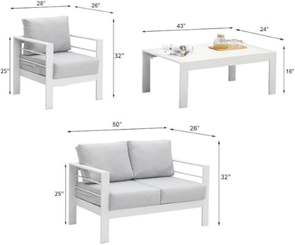 Solaste Outdoor Aluminum Furniture Set - 4 Pieces Patio Sectional Chat Sofa Conversation Set with Table,White