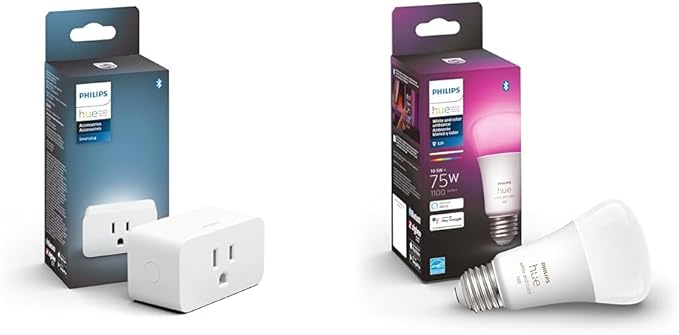 Philips Hue Smart Plug, White - 1 Pack - Turns Any Light Into a Smart Light - Control with Hue App & Smart 75W A19 LED Bulb - White and Color Ambiance Color-Changing Light - 1 Pack