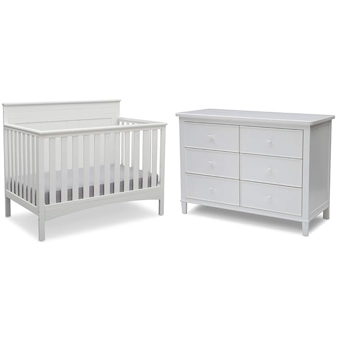 Delta Children Fancy 4-in-1 Convertible Crib and 6 Drawer Dresser Bundle, Bianca White