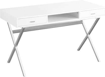 Monarch Specialties Laptop Table with Drawers and Open Shelf Computer, Writing Desk, Metal Sturdy Legs, 48" L, Glossy White