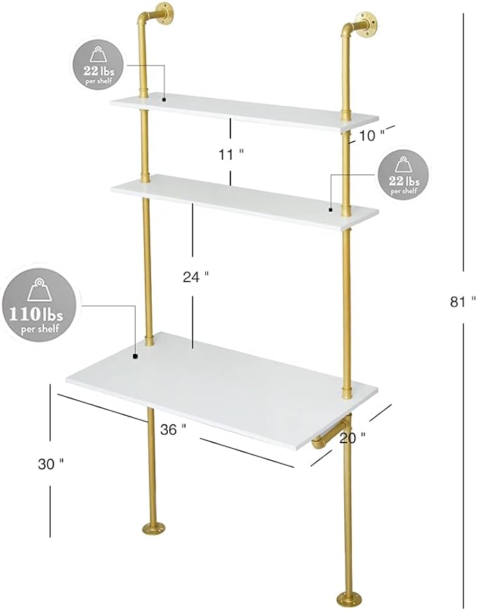 MAIKAILUN White and Gold Desk, 36" Ladder Desk, Wall Mount Computer Writing Table Pipe Shelf Shelving Mini Narrow Industrial Modern for Small Spaces(36x20x81)