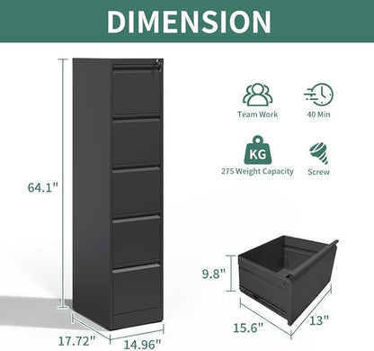 5 Drawer File Cabinet with Lock, Metal Vertical Filing Cabinets for Home Office, Steel Storage Cabinet for Hanging Legal/Letter Size Files, Assembly Required (Black)