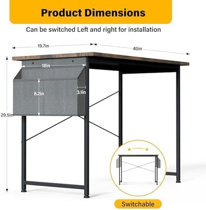 HealSmart Writing Study Worktable for Bedroom Small Desk, Modern Simple Style PC Table with Storage Bag, 40 Inch, Brown-New Version