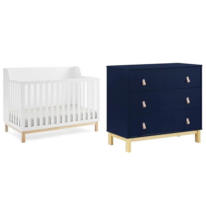 Delta Children Gap babyGap Oxford 6-in-1 Convertible Crib - Greenguard Gold Certified, Bianca White/Natural & Gap babyGap Legacy 3 Drawer Dresser with Leather Pulls, Navy/Natural
