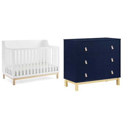 Delta Children Gap babyGap Oxford 6-in-1 Convertible Crib - Greenguard Gold Certified, Bianca White/Natural & Gap babyGap Legacy 3 Drawer Dresser with Leather Pulls, Navy/Natural