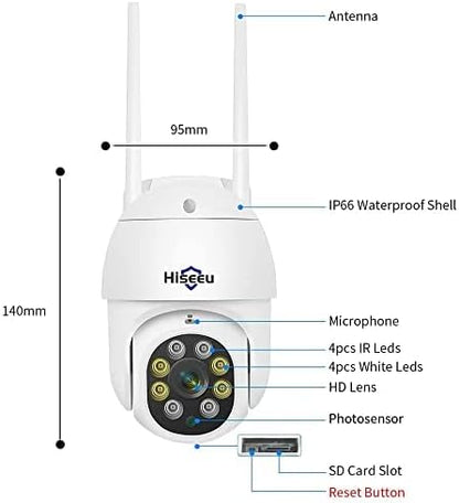 Hiseeu 2Pcs 5MP Security Camera PTZ Wireless Cameras Two Way Vioice Surveillance Camera Full Color Night Vision, IP66 Waterproof 24/7 Record for Outdoor Home Security Compatible Alexa