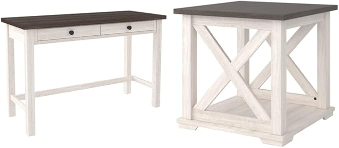 Signature Design by Ashley Dorrinson Modern Farmhouse 47" Home Office Desk with 2 Drawers, Whitewash & Dorrinson Square Modern Farmhouse End Table, Two Tone White & Brown