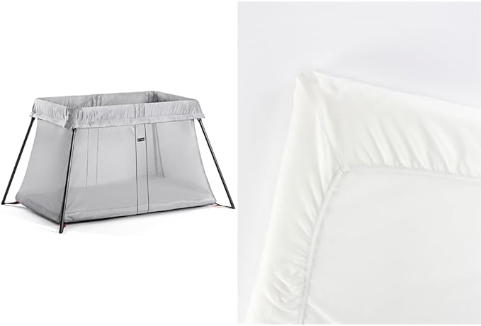 BabyBjörn Travel Crib Light, Silver with Fitted Sheet for Travel Crib Light - Organic White