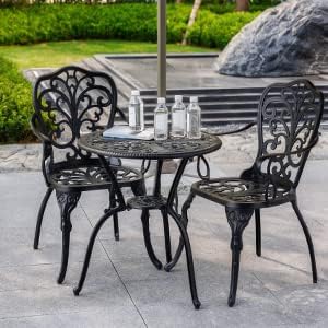 Bistro Table and Chairs Set of 2 with Umbrella Hole,Cast Aluminum Patio Bistro Sets 3 Piece,Outdoor Bistro Table Set,Patio Furniture Set for Front Porch Set,Garden(Butterfly Black)