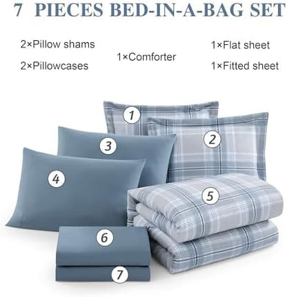 Blue Comforters Queen Size, Plaid Queen Bedding Sets for Boys & Girls,Classic Homestead-Style Bed in A Bag Queen with Sheets and Comforter Set (Light Blue,Queen,90"*90")