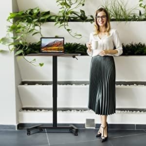 28-Inch Height Adjustable Laptop Desk, Sit-to-Stand Desk with Lockable Wheels, Rolling Standing Mobile Desk Cart for Home Office Classroom (Coffee)