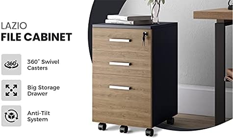 Lazio File Cabinet with Lock - Filing Cabinet for Home and Office - 3 Drawer Small Rolling File Cabinet -Wood Printer Stand with Storage for A4 Size/Legal Documents, File Folders (Cass Walnut/Black)