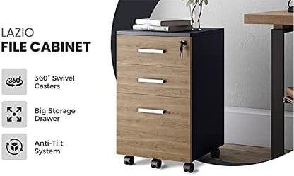 Lazio File Cabinet with Lock - Filing Cabinet for Home and Office - 3 Drawer Small Rolling File Cabinet -Wood Printer Stand with Storage for A4 Size/Legal Documents, File Folders (Cass Walnut/Black)
