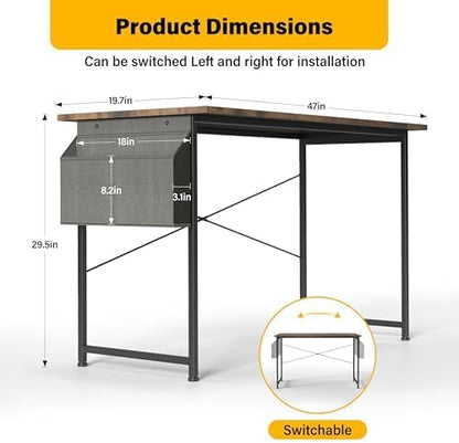 HealSmart Writing Study Worktable for Bedroom Small Desk, Modern Simple Style PC Table with Storage Bag, 47 Inch, Brown-New Version