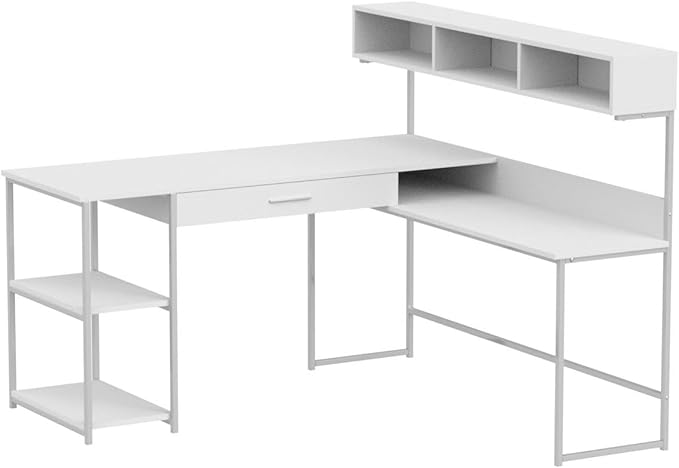 Monarch Specialties Workstation for Home & Office with Multiple Shelves and Drawer L-Shaped Corner Desk with Hutch, 60" L, White/Silver Frame