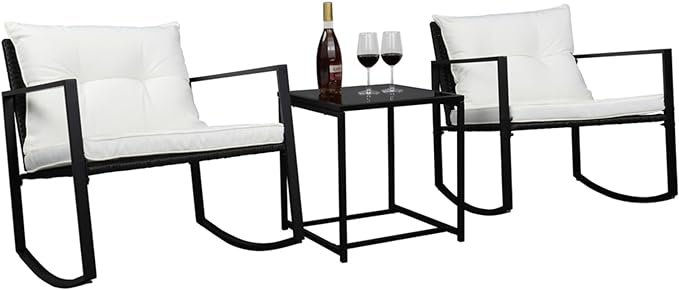 Outvita 3-Piece Rocking Bistro Set, Outdoor Wicker Patio Furniture Set with Glass Coffee Table Perfect for Outdoor Porch, Balcony and Garden (White)