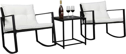 Outvita 3-Piece Rocking Bistro Set, Outdoor Wicker Patio Furniture Set with Glass Coffee Table Perfect for Outdoor Porch, Balcony and Garden (White)
