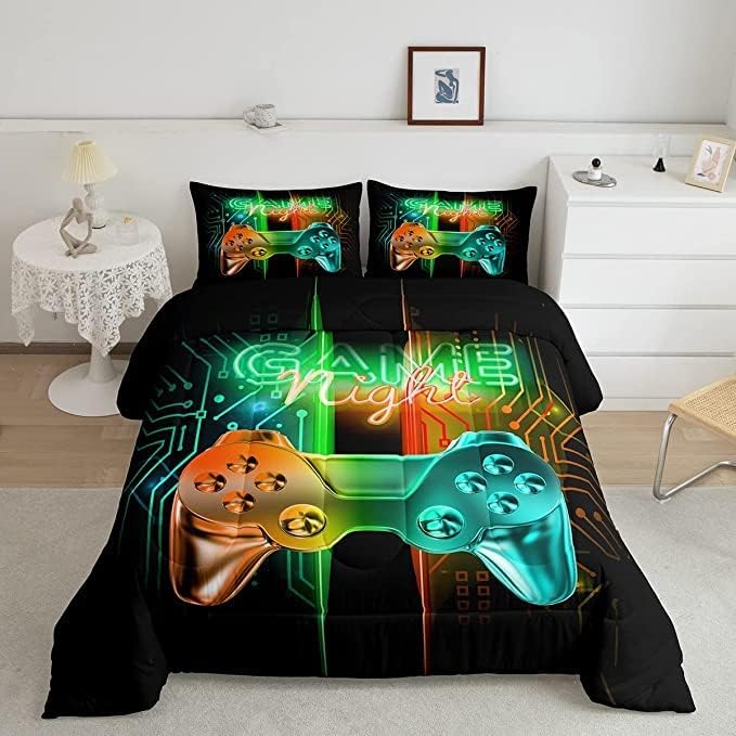 Feelyou Gamer Comforter Kids Gaming Video Game Comforter Set for Boys Teens Noverlty Modern Gamepad Bedding Set Breathable Gamer Console Bedding Duvet Set Bright Orange Green Room Decor King Size