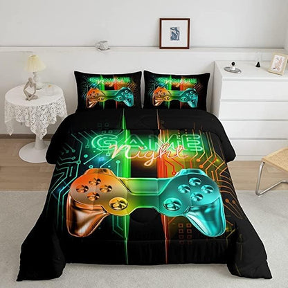 Feelyou Gamer Comforter Kids Gaming Video Game Comforter Set for Boys Teens Noverlty Modern Gamepad Bedding Set Breathable Gamer Console Bedding Duvet Set Bright Orange Green Room Decor King Size