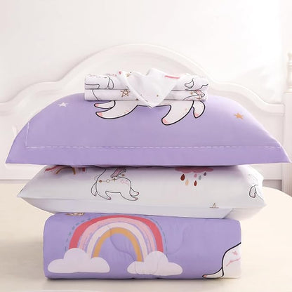 Wajade Kids Purple Unicorn Comforter Set Bed in A Bag Twin Size 7 Piece Cute Unicorn Rainbow Clouds Bedding Set for Girls (1 Comforter, 1 Flat Sheet, 1 Fitted Sheet, 2 Pillowcase and 2 Pillow Sham)