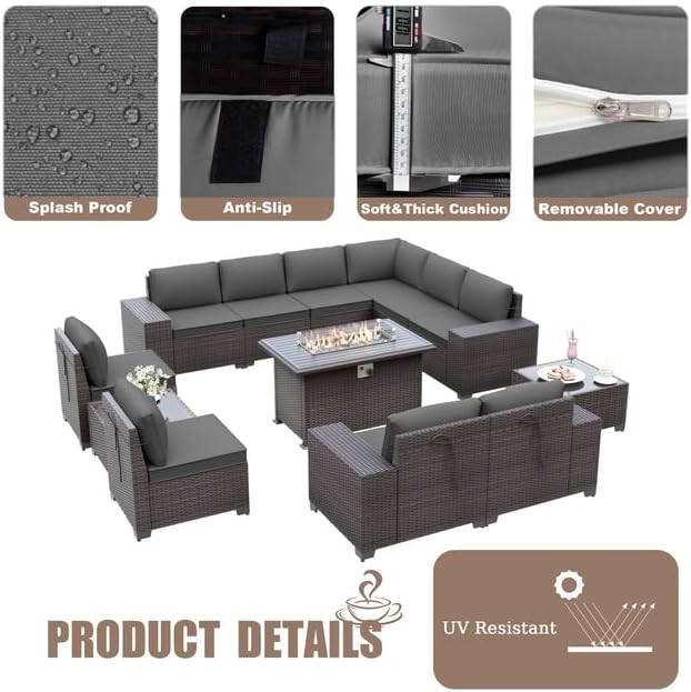 Patio Furniture Sectional Sofa Set 13-Pieces PE Rattan Patio Conversation Set w/43in Gas Fire Pit Table, Outdoor Furniture with 55000 BTU Propane Fire Pit, Grey