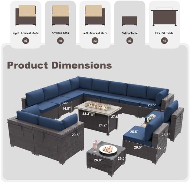15 PCS Patio Furniture Set with Fire Pit Table Outdoor Sectional Furniture Outdoor Rattan Patio Sofa Conversation Sets with 43in 55,000 BTU Propane Gas Fire Pit Table, Navy Blue