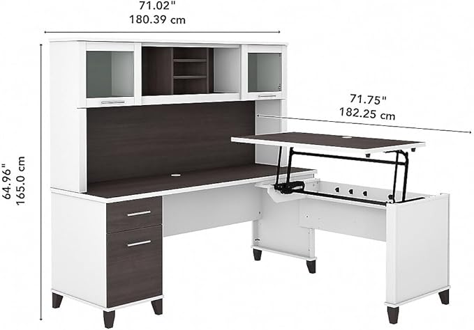 Bush Furniture Somerset 72W 3 Position Sit to Stand L Shaped Desk with Hutch in White and Storm Gray