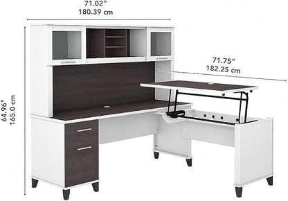 Bush Furniture Somerset 72W 3 Position Sit to Stand L Shaped Desk with Hutch in White and Storm Gray