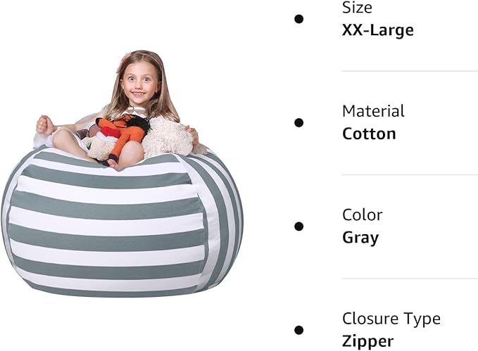 Wekapo Stuffed Animal Storage Bean Bag Chair Cover for Kids | Stuffable Zipper Beanbag for Organizing Children Plush Toys Large Premium Cotton Canvas (Gray, XX-Large)