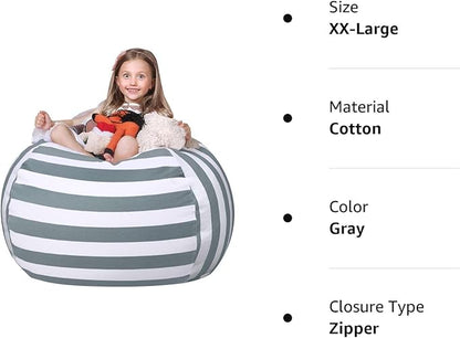 Wekapo Stuffed Animal Storage Bean Bag Chair Cover for Kids | Stuffable Zipper Beanbag for Organizing Children Plush Toys Large Premium Cotton Canvas (Gray, XX-Large)