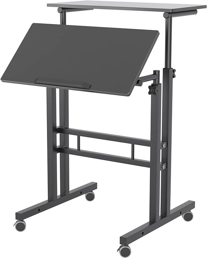 sogesfurniture Mobile Standing Desk Laptop Workstation on Wheels, Adjustable Computer Desk for Standing or Sitting, Black 101-BK