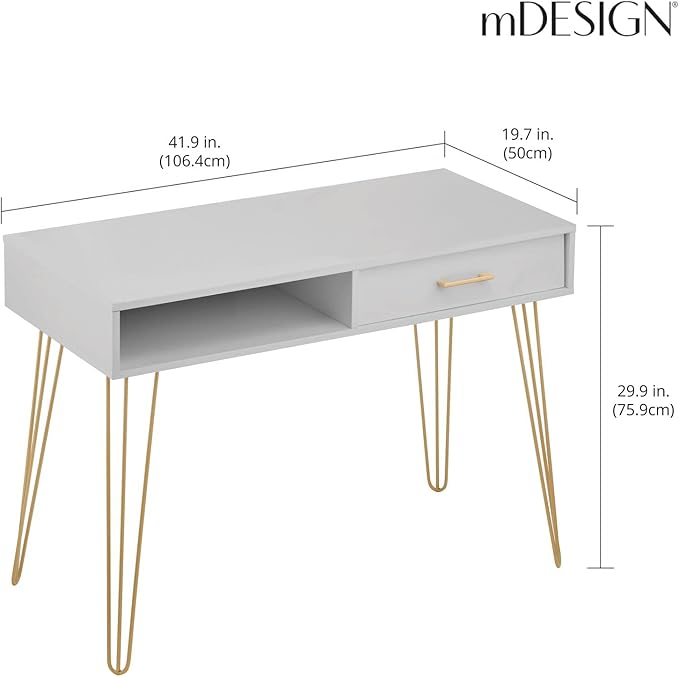 mDesign Metal/Wood Modern Computer Desk - Minimalist Desk and Computer Table with Drawer - Simple Desk with Storage Cubby and Hairpin Legs - Small Work Desk for Home Office, Study - Gray/Soft Brass