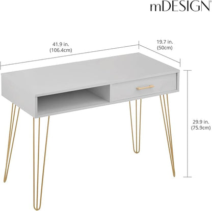 mDesign Metal/Wood Modern Computer Desk - Minimalist Desk and Computer Table with Drawer - Simple Desk with Storage Cubby and Hairpin Legs - Small Work Desk for Home Office, Study - Gray/Soft Brass